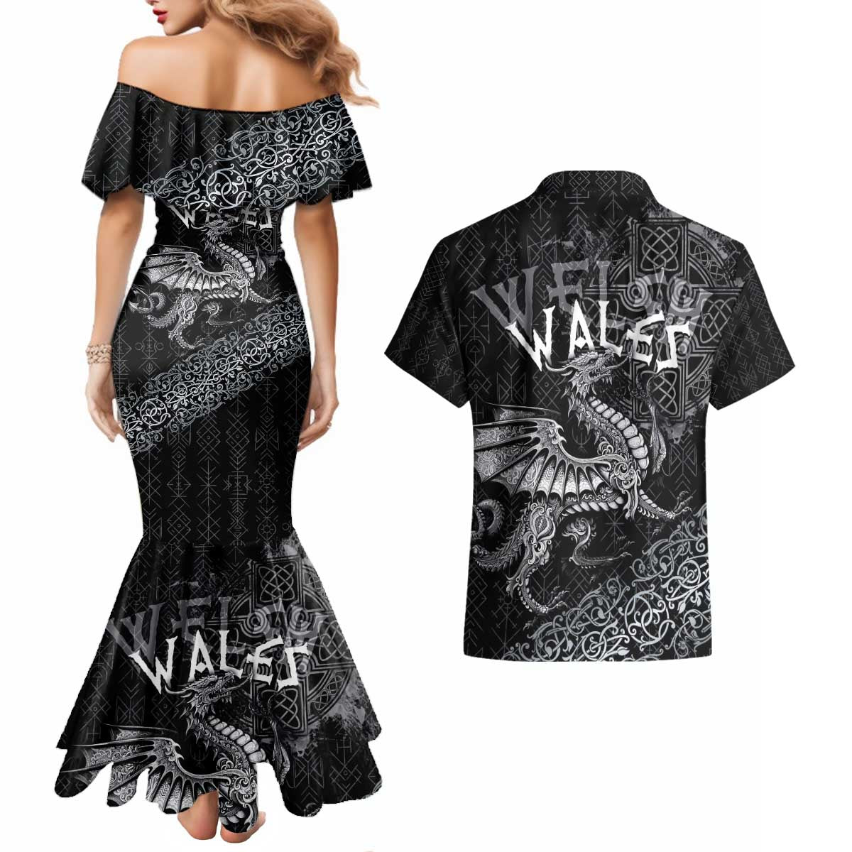 Welsh Celtic Culture Couples Matching Mermaid Dress and Hawaiian Shirt Wales Y Ddraig Goch with Runes Symbols - Wonder Print Shop