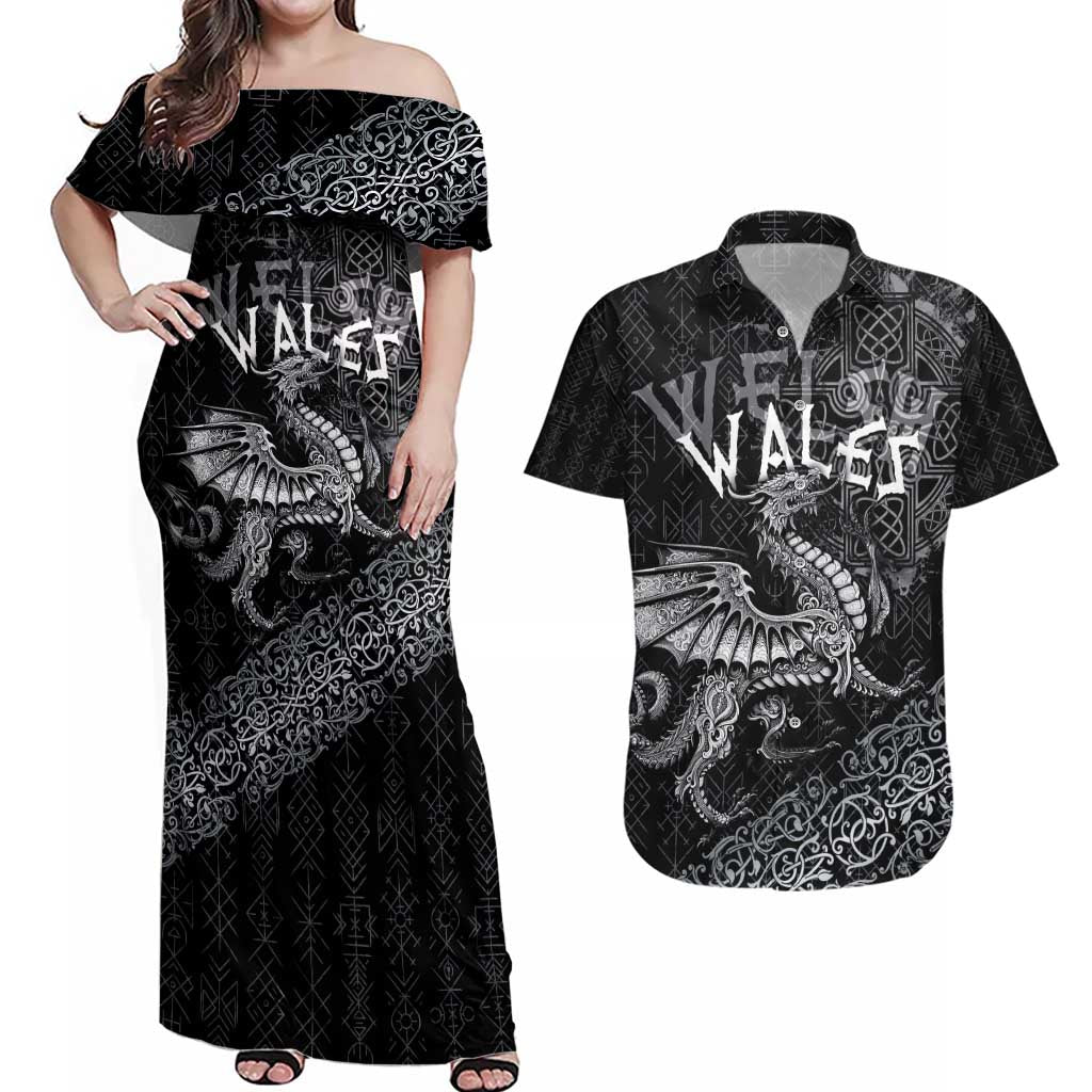 Welsh Celtic Culture Couples Matching Off Shoulder Maxi Dress and Hawaiian Shirt Wales Y Ddraig Goch with Runes Symbols - Wonder Print Shop