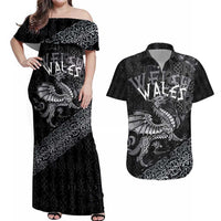 Welsh Celtic Culture Couples Matching Off Shoulder Maxi Dress and Hawaiian Shirt Wales Y Ddraig Goch with Runes Symbols - Wonder Print Shop