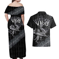 Welsh Celtic Culture Couples Matching Off Shoulder Maxi Dress and Hawaiian Shirt Wales Y Ddraig Goch with Runes Symbols - Wonder Print Shop