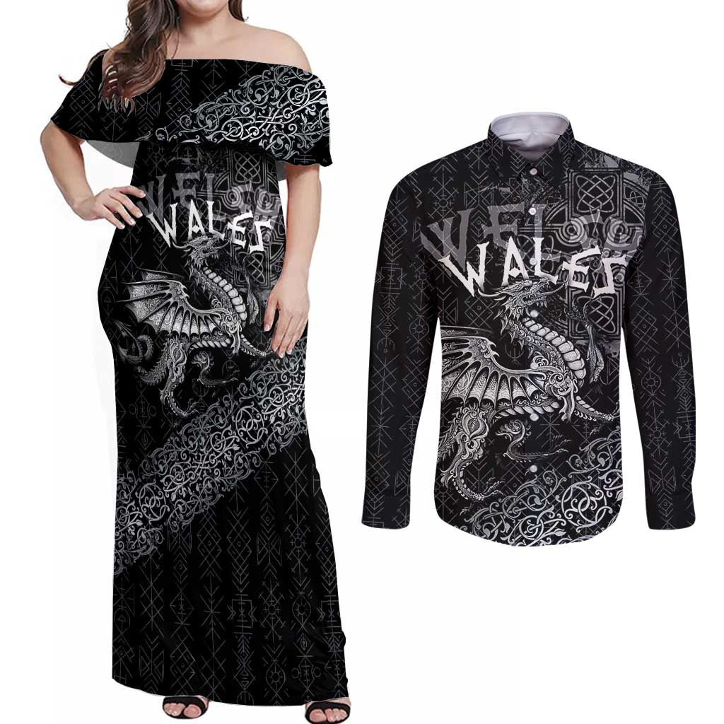 Welsh Celtic Culture Couples Matching Off Shoulder Maxi Dress and Long Sleeve Button Shirt Wales Y Ddraig Goch with Runes Symbols - Wonder Print Shop