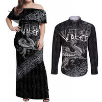 Welsh Celtic Culture Couples Matching Off Shoulder Maxi Dress and Long Sleeve Button Shirt Wales Y Ddraig Goch with Runes Symbols - Wonder Print Shop