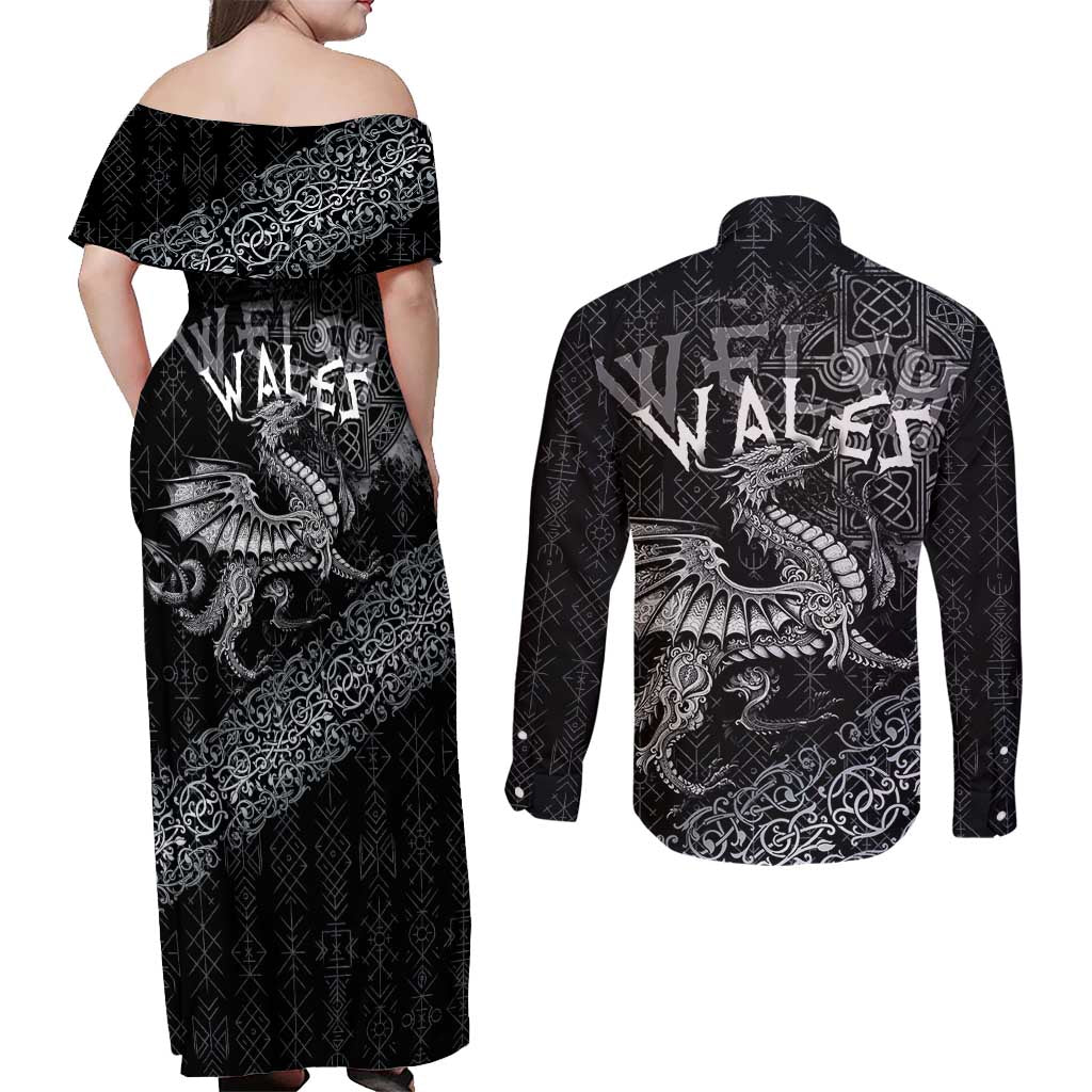 Welsh Celtic Culture Couples Matching Off Shoulder Maxi Dress and Long Sleeve Button Shirt Wales Y Ddraig Goch with Runes Symbols - Wonder Print Shop