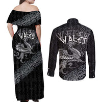 Welsh Celtic Culture Couples Matching Off Shoulder Maxi Dress and Long Sleeve Button Shirt Wales Y Ddraig Goch with Runes Symbols - Wonder Print Shop