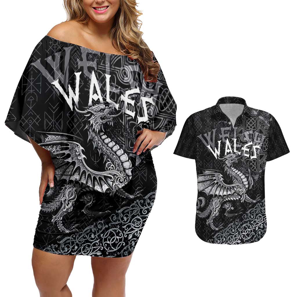 Welsh Celtic Culture Couples Matching Off Shoulder Short Dress and Hawaiian Shirt Wales Y Ddraig Goch with Runes Symbols - Wonder Print Shop