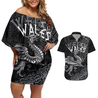 Welsh Celtic Culture Couples Matching Off Shoulder Short Dress and Hawaiian Shirt Wales Y Ddraig Goch with Runes Symbols - Wonder Print Shop