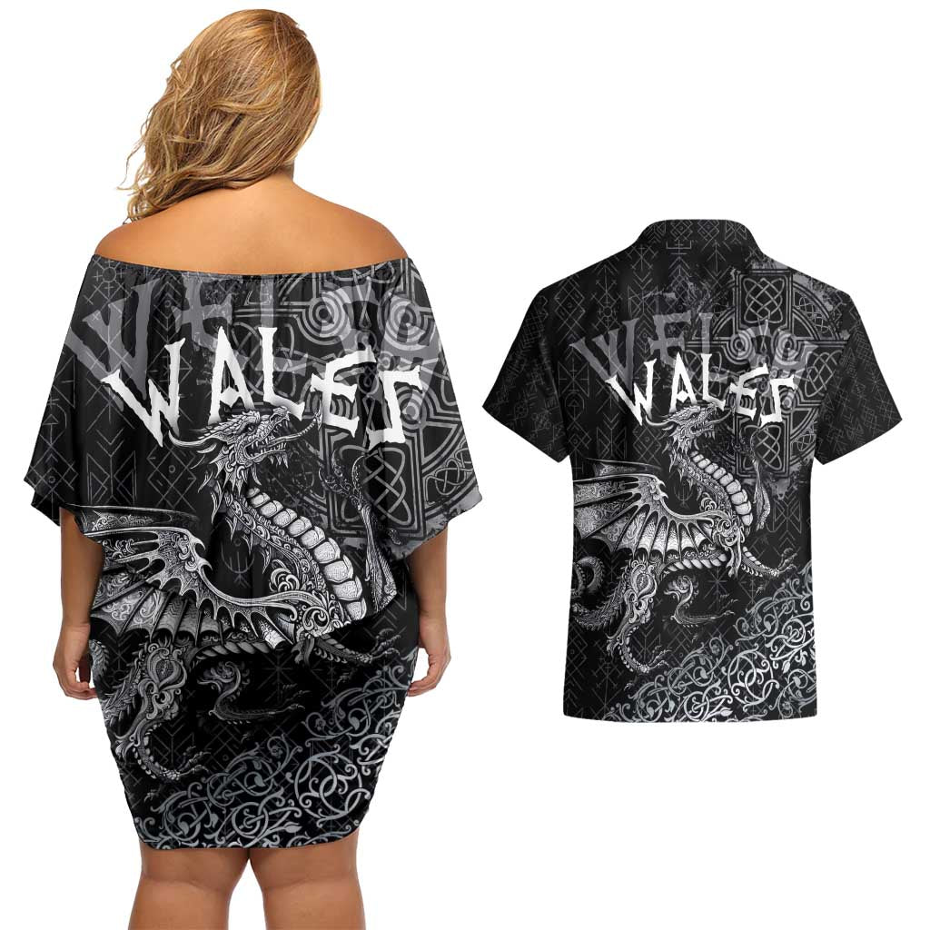 Welsh Celtic Culture Couples Matching Off Shoulder Short Dress and Hawaiian Shirt Wales Y Ddraig Goch with Runes Symbols - Wonder Print Shop