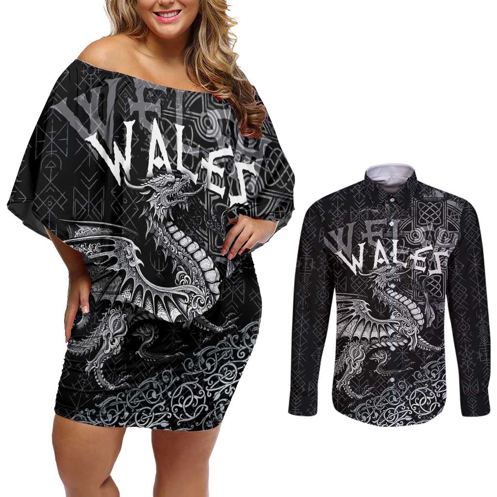 Welsh Celtic Culture Couples Matching Off Shoulder Short Dress and Long Sleeve Button Shirt Wales Y Ddraig Goch with Runes Symbols - Wonder Print Shop