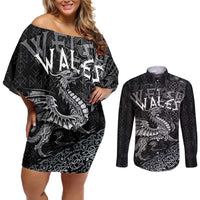 Welsh Celtic Culture Couples Matching Off Shoulder Short Dress and Long Sleeve Button Shirt Wales Y Ddraig Goch with Runes Symbols - Wonder Print Shop
