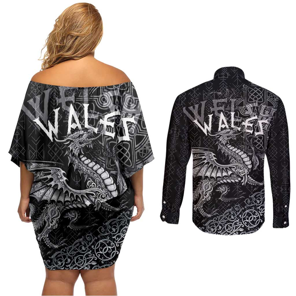 Welsh Celtic Culture Couples Matching Off Shoulder Short Dress and Long Sleeve Button Shirt Wales Y Ddraig Goch with Runes Symbols - Wonder Print Shop