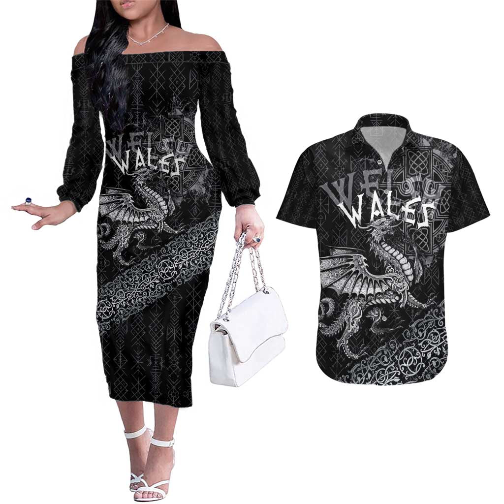 Welsh Celtic Culture Couples Matching Off The Shoulder Long Sleeve Dress and Hawaiian Shirt Wales Y Ddraig Goch with Runes Symbols - Wonder Print Shop