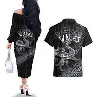 Welsh Celtic Culture Couples Matching Off The Shoulder Long Sleeve Dress and Hawaiian Shirt Wales Y Ddraig Goch with Runes Symbols - Wonder Print Shop