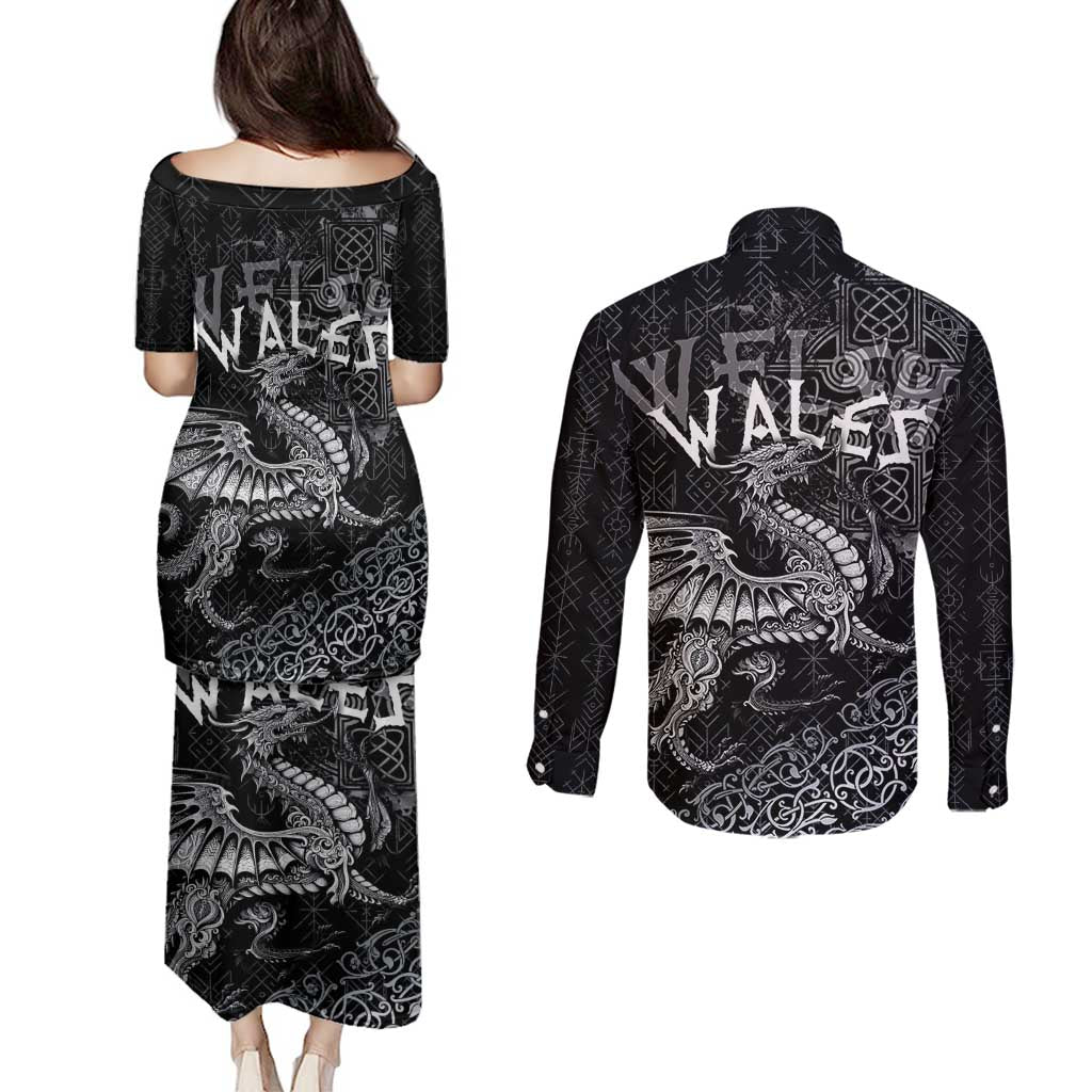 Welsh Celtic Culture Couples Matching Puletasi and Long Sleeve Button Shirt Wales Y Ddraig Goch with Runes Symbols - Wonder Print Shop