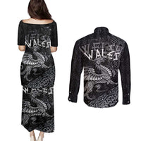 Welsh Celtic Culture Couples Matching Puletasi and Long Sleeve Button Shirt Wales Y Ddraig Goch with Runes Symbols - Wonder Print Shop