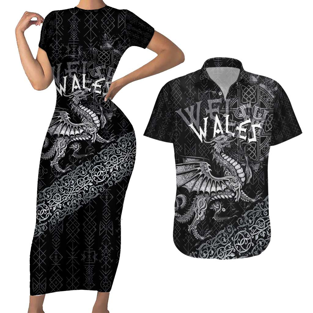 Welsh Celtic Culture Couples Matching Short Sleeve Bodycon Dress and Hawaiian Shirt Wales Y Ddraig Goch with Runes Symbols - Wonder Print Shop