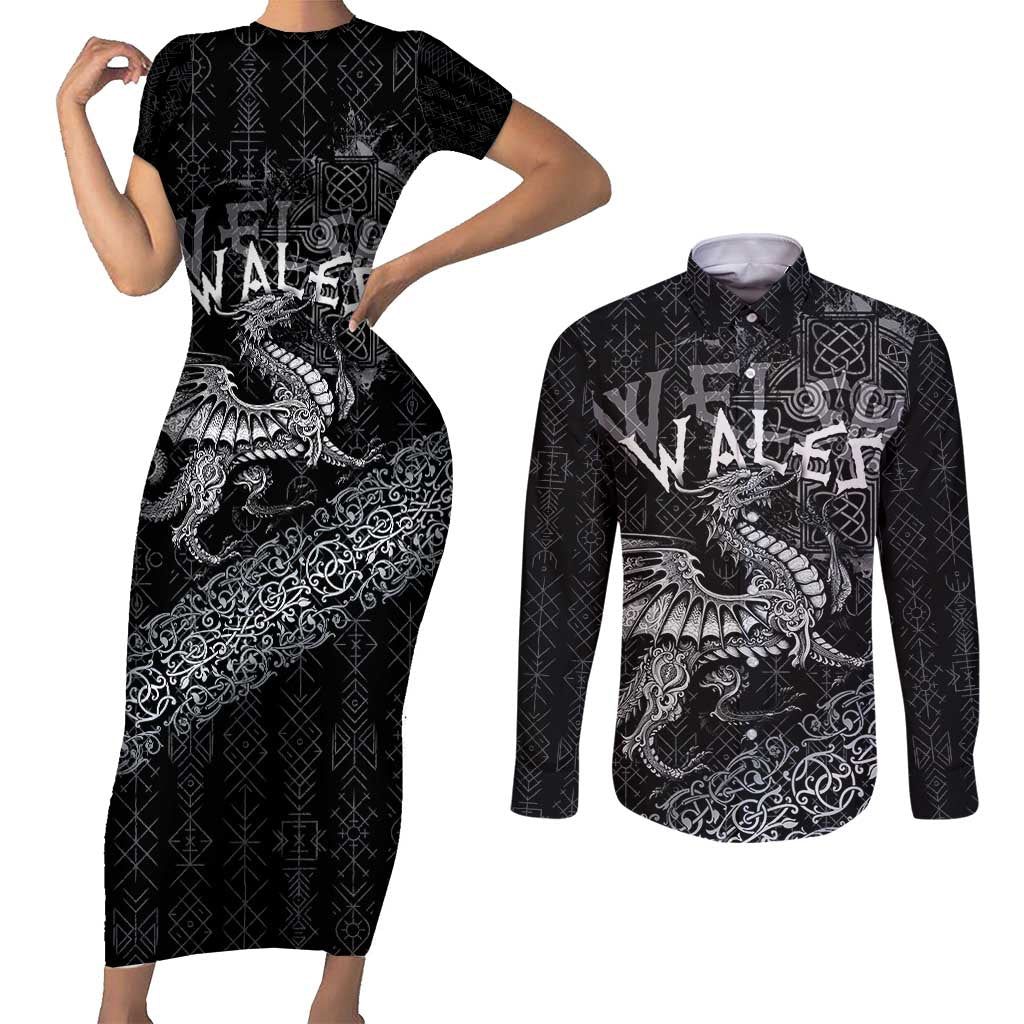 Welsh Celtic Culture Couples Matching Short Sleeve Bodycon Dress and Long Sleeve Button Shirt Wales Y Ddraig Goch with Runes Symbols - Wonder Print Shop