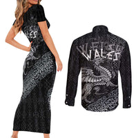 Welsh Celtic Culture Couples Matching Short Sleeve Bodycon Dress and Long Sleeve Button Shirt Wales Y Ddraig Goch with Runes Symbols - Wonder Print Shop