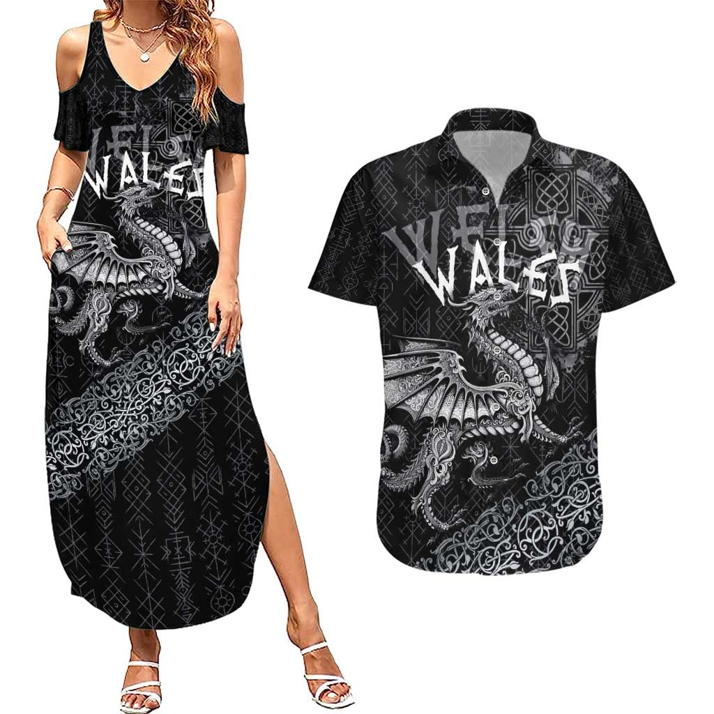 Welsh Celtic Culture Couples Matching Summer Maxi Dress and Hawaiian Shirt Wales Y Ddraig Goch with Runes Symbols - Wonder Print Shop