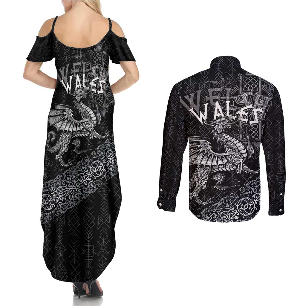 Welsh Celtic Culture Couples Matching Summer Maxi Dress and Long Sleeve Button Shirt Wales Y Ddraig Goch with Runes Symbols - Wonder Print Shop