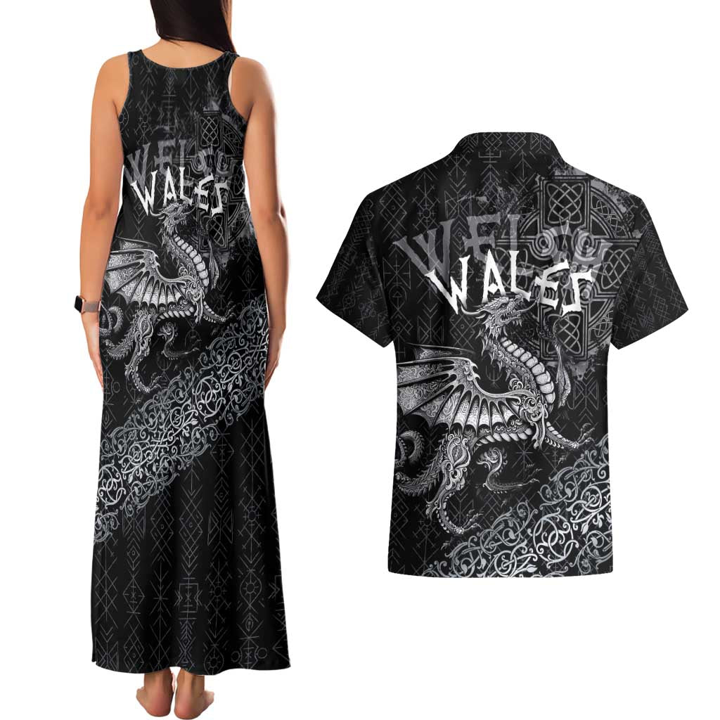 Welsh Celtic Culture Couples Matching Tank Maxi Dress and Hawaiian Shirt Wales Y Ddraig Goch with Runes Symbols - Wonder Print Shop