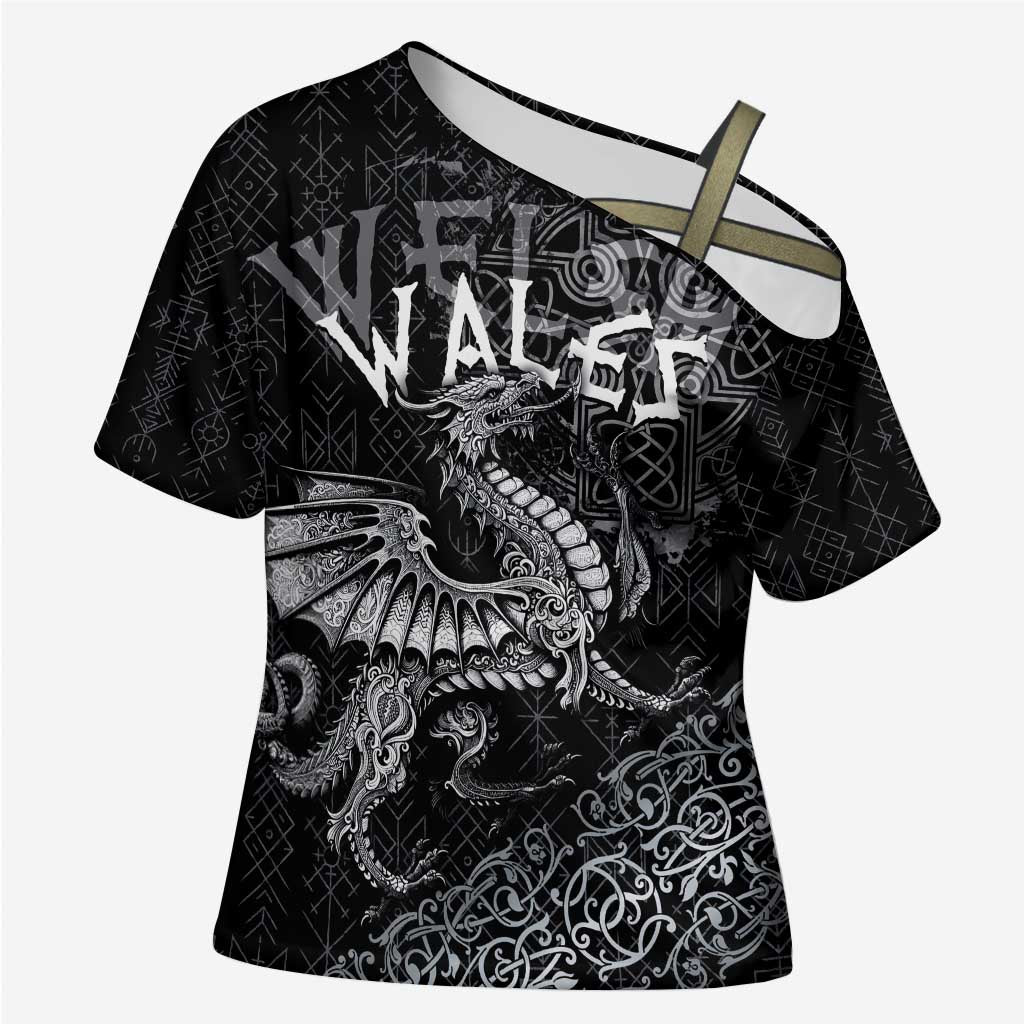 Welsh Celtic Culture Cross Shoulder Shirt Wales Y Ddraig Goch with Runes Symbols - Wonder Print Shop