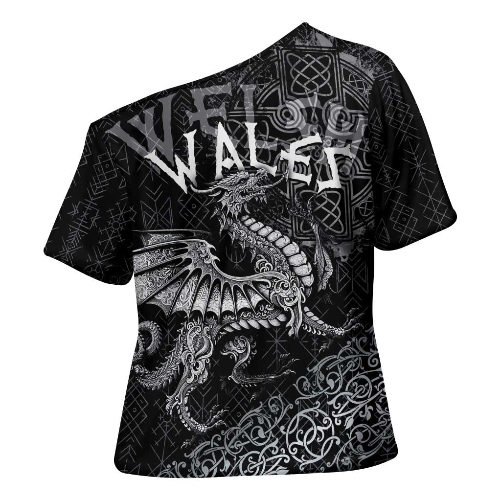 Welsh Celtic Culture Cross Shoulder Shirt Wales Y Ddraig Goch with Runes Symbols - Wonder Print Shop