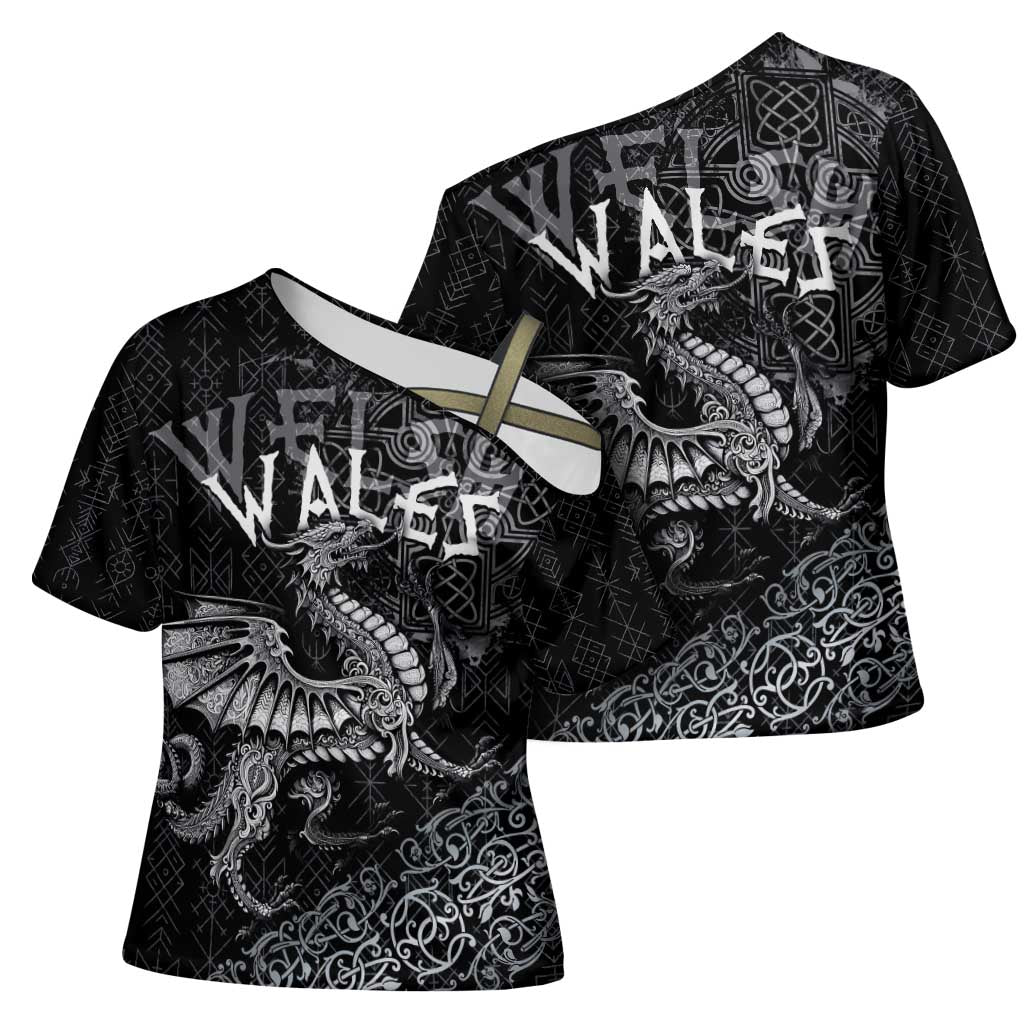 Welsh Celtic Culture Cross Shoulder Shirt Wales Y Ddraig Goch with Runes Symbols - Wonder Print Shop