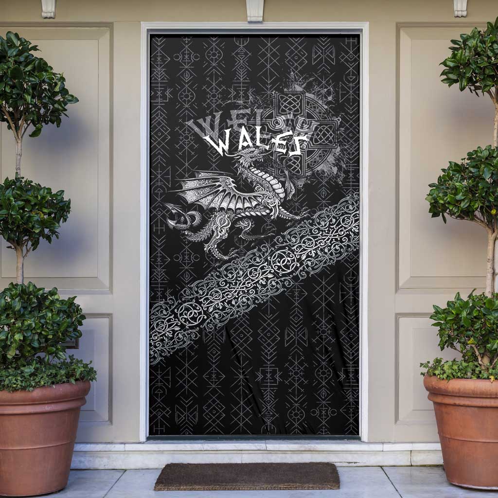 Welsh Celtic Culture Door Cover Wales Y Ddraig Goch with Runes Symbols - Wonder Print Shop