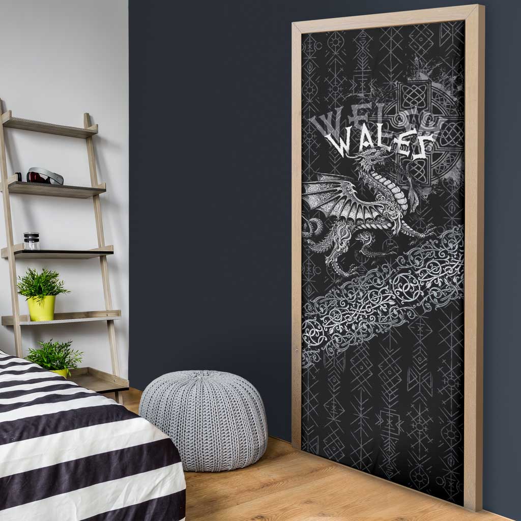 Welsh Celtic Culture Door Cover Wales Y Ddraig Goch with Runes Symbols - Wonder Print Shop