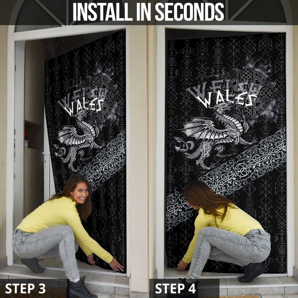 Welsh Celtic Culture Door Cover Wales Y Ddraig Goch with Runes Symbols - Wonder Print Shop