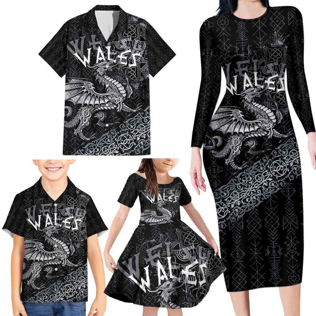 Welsh Celtic Culture Family Matching Long Sleeve Bodycon Dress and Hawaiian Shirt Wales Y Ddraig Goch with Runes Symbols - Wonder Print Shop