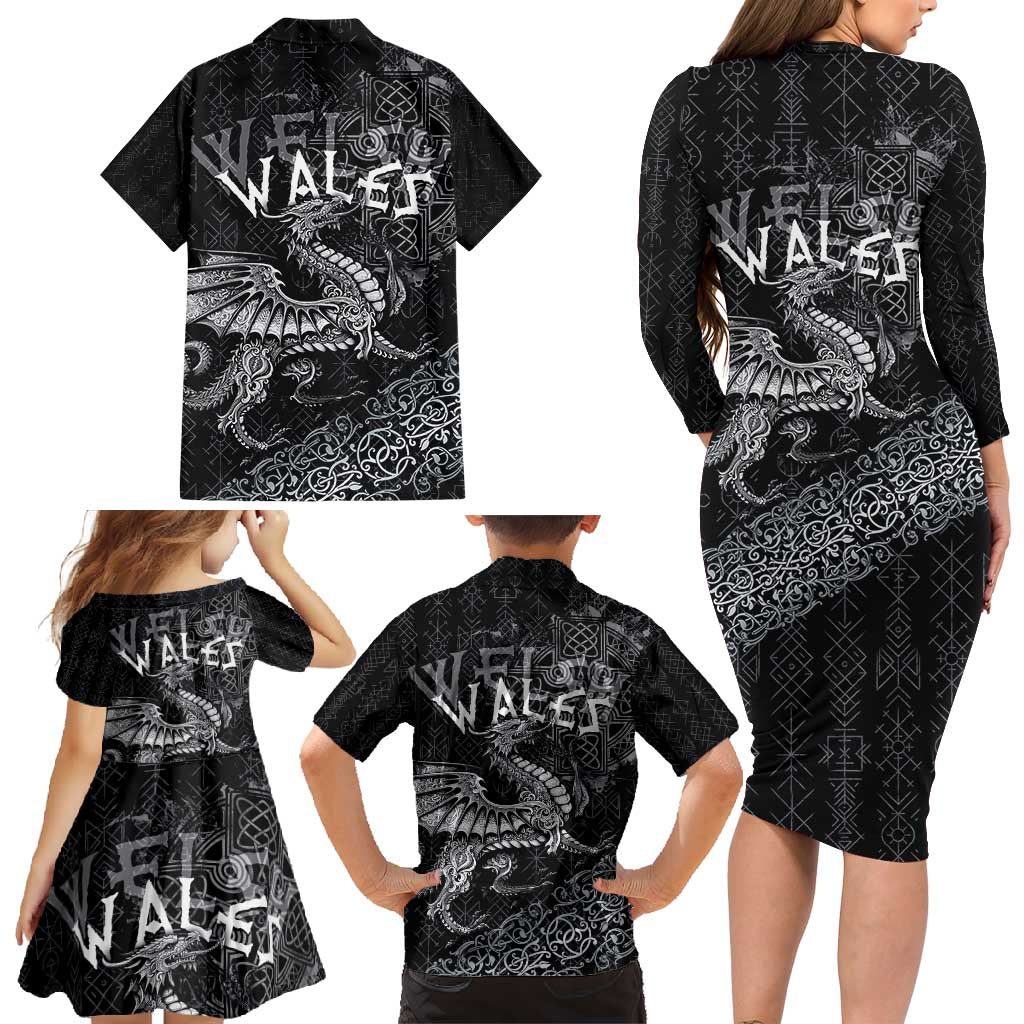 Welsh Celtic Culture Family Matching Long Sleeve Bodycon Dress and Hawaiian Shirt Wales Y Ddraig Goch with Runes Symbols - Wonder Print Shop