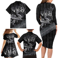 Welsh Celtic Culture Family Matching Long Sleeve Bodycon Dress and Hawaiian Shirt Wales Y Ddraig Goch with Runes Symbols - Wonder Print Shop