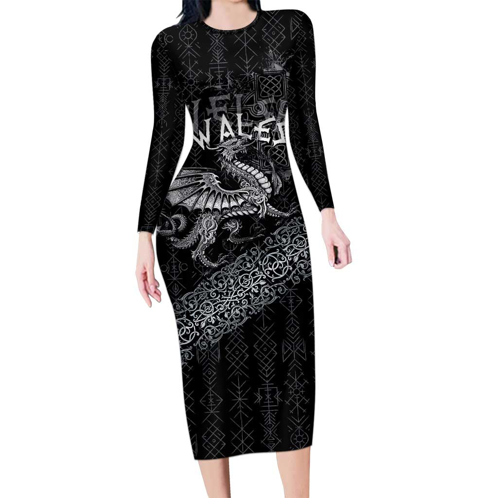 Welsh Celtic Culture Family Matching Long Sleeve Bodycon Dress and Hawaiian Shirt Wales Y Ddraig Goch with Runes Symbols - Wonder Print Shop