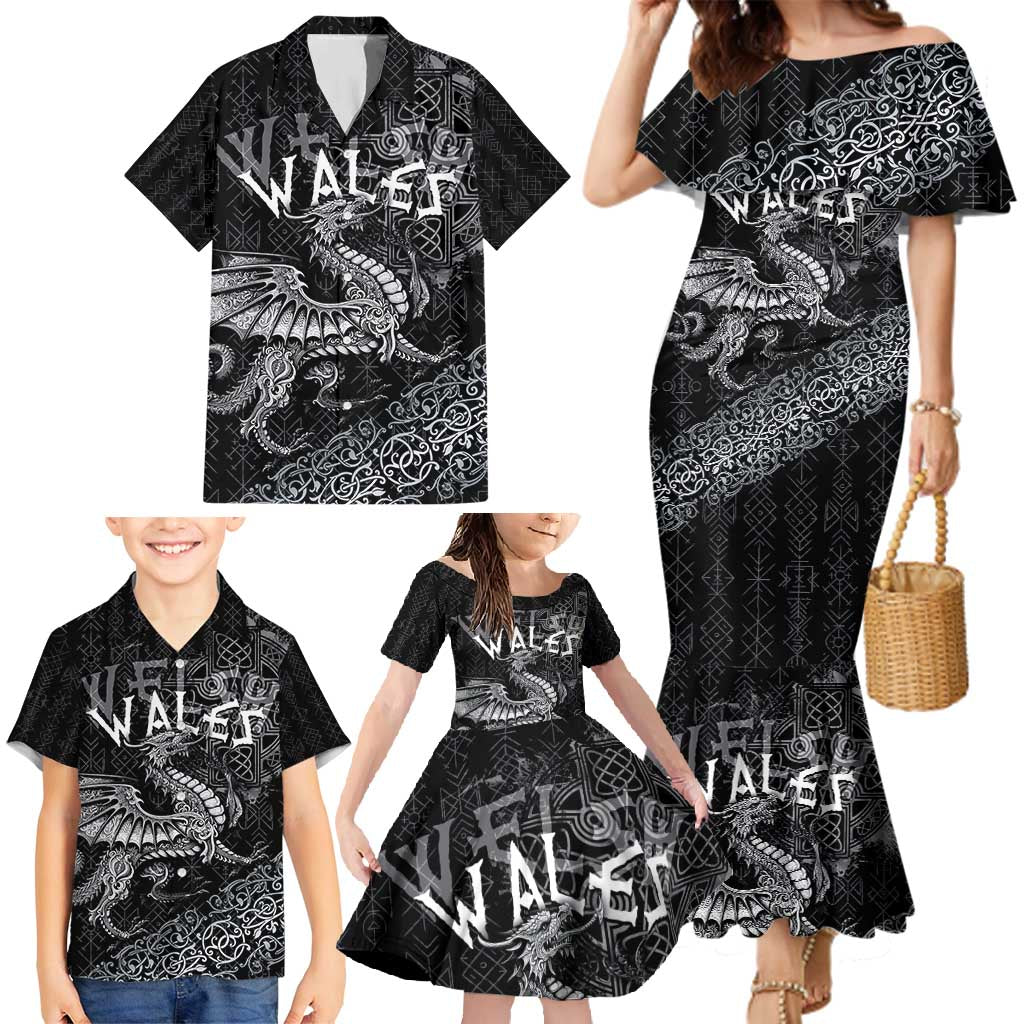 Welsh Celtic Culture Family Matching Mermaid Dress and Hawaiian Shirt Wales Y Ddraig Goch with Runes Symbols - Wonder Print Shop