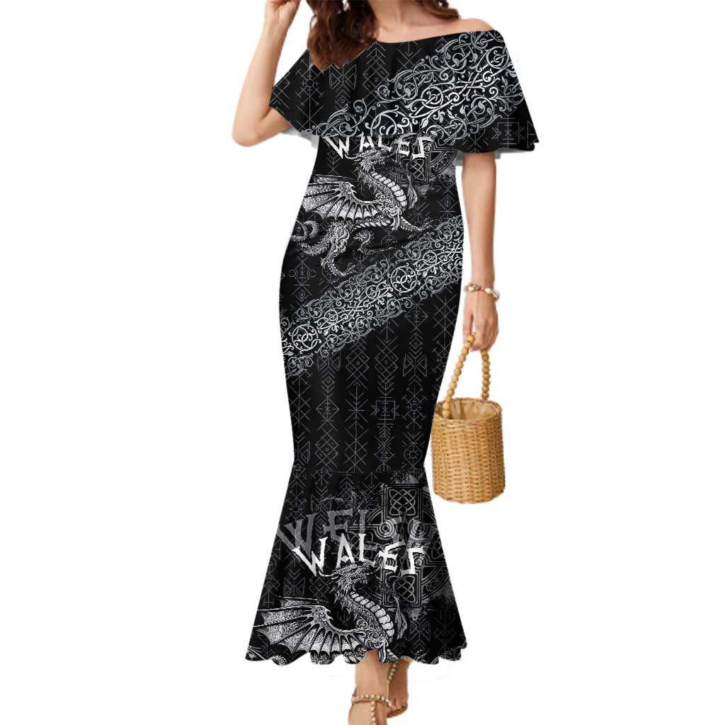Welsh Celtic Culture Family Matching Mermaid Dress and Hawaiian Shirt Wales Y Ddraig Goch with Runes Symbols - Wonder Print Shop