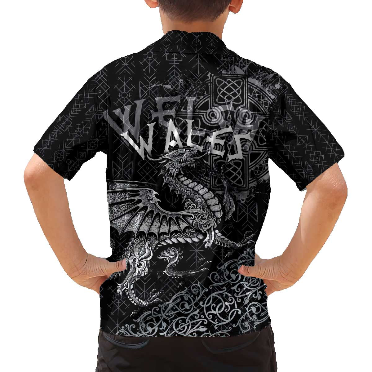 Welsh Celtic Culture Family Matching Off The Shoulder Long Sleeve Dress and Hawaiian Shirt Wales Y Ddraig Goch with Runes Symbols - Wonder Print Shop