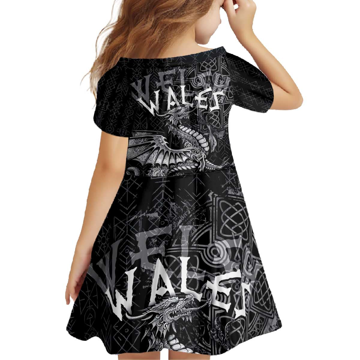 Welsh Celtic Culture Family Matching Off The Shoulder Long Sleeve Dress and Hawaiian Shirt Wales Y Ddraig Goch with Runes Symbols - Wonder Print Shop