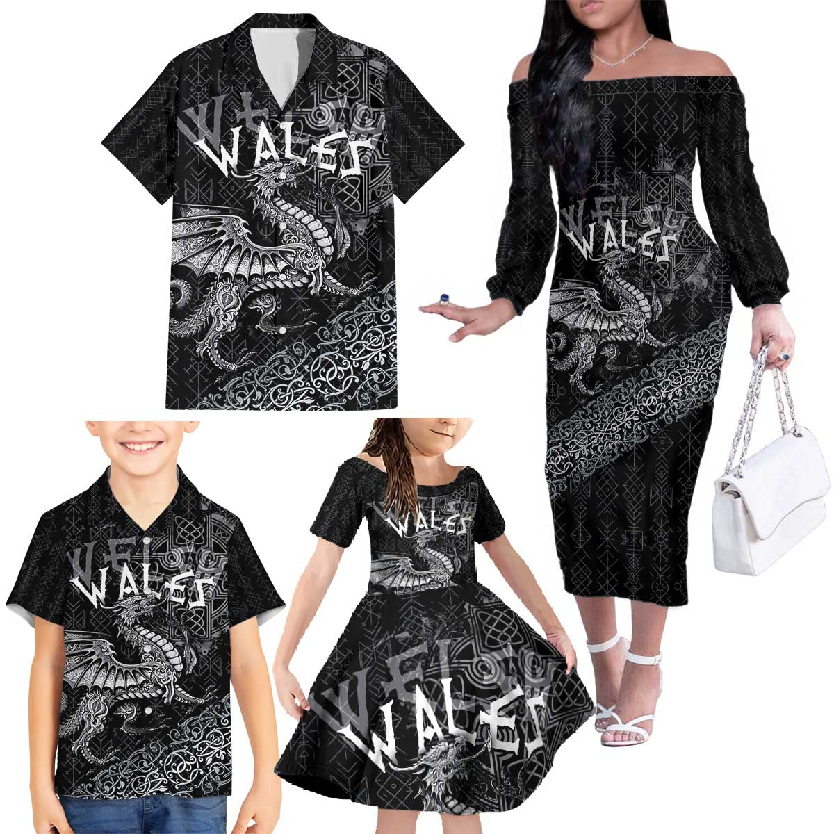 Welsh Celtic Culture Family Matching Off The Shoulder Long Sleeve Dress and Hawaiian Shirt Wales Y Ddraig Goch with Runes Symbols - Wonder Print Shop