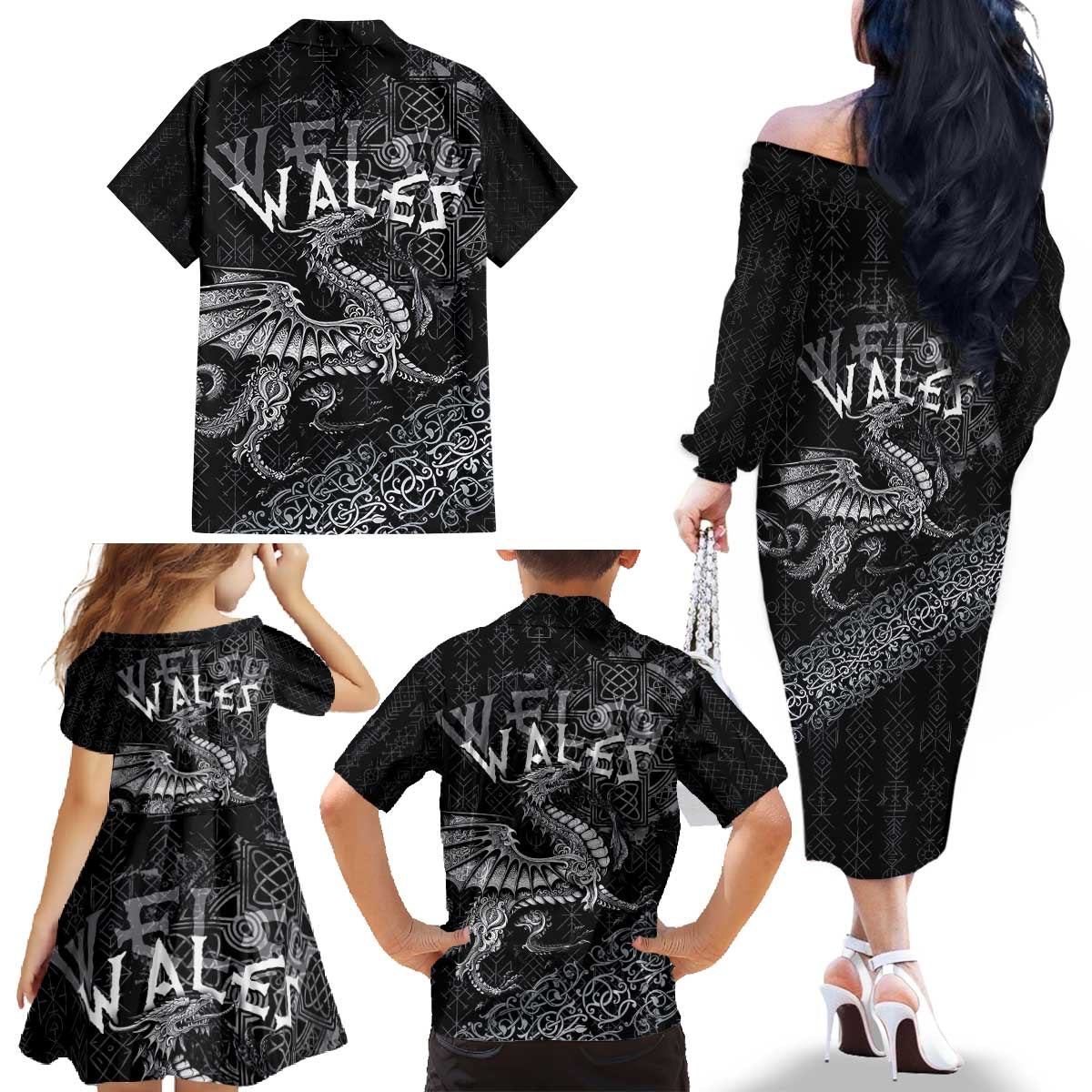 Welsh Celtic Culture Family Matching Off The Shoulder Long Sleeve Dress and Hawaiian Shirt Wales Y Ddraig Goch with Runes Symbols - Wonder Print Shop