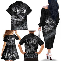 Welsh Celtic Culture Family Matching Off The Shoulder Long Sleeve Dress and Hawaiian Shirt Wales Y Ddraig Goch with Runes Symbols - Wonder Print Shop