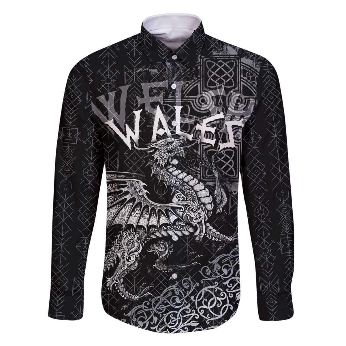 Welsh Celtic Culture Family Matching Off The Shoulder Long Sleeve Dress and Hawaiian Shirt Wales Y Ddraig Goch with Runes Symbols - Wonder Print Shop