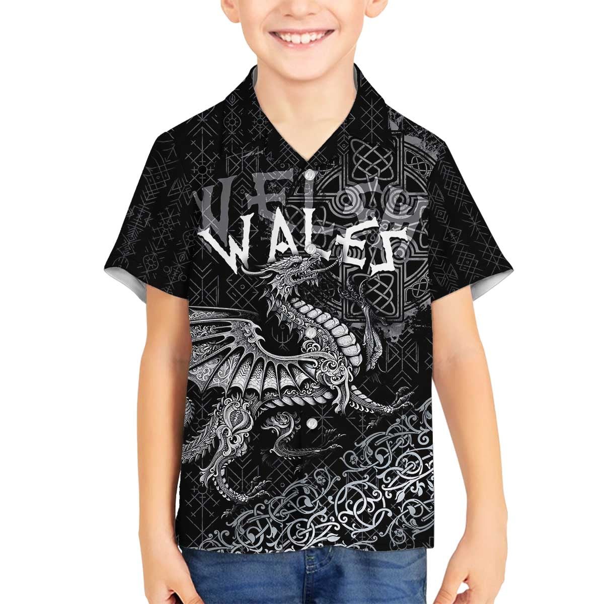 Welsh Celtic Culture Family Matching Off The Shoulder Long Sleeve Dress and Hawaiian Shirt Wales Y Ddraig Goch with Runes Symbols - Wonder Print Shop