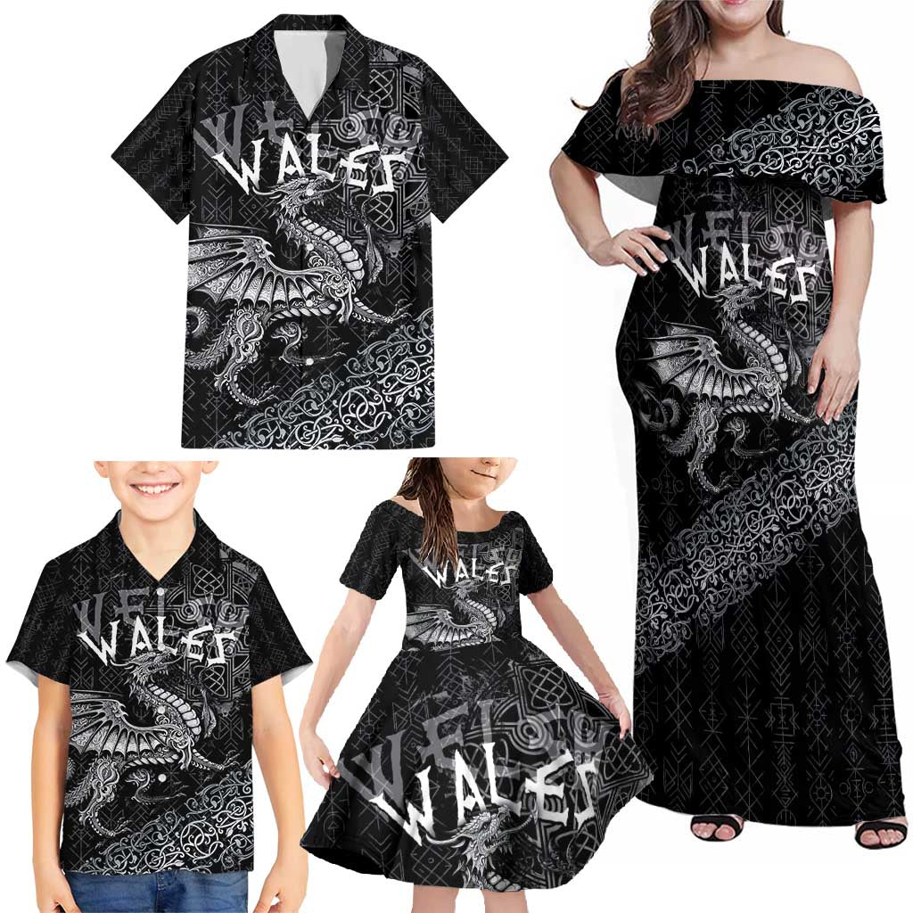 Welsh Celtic Culture Family Matching Off Shoulder Maxi Dress and Hawaiian Shirt Wales Y Ddraig Goch with Runes Symbols - Wonder Print Shop