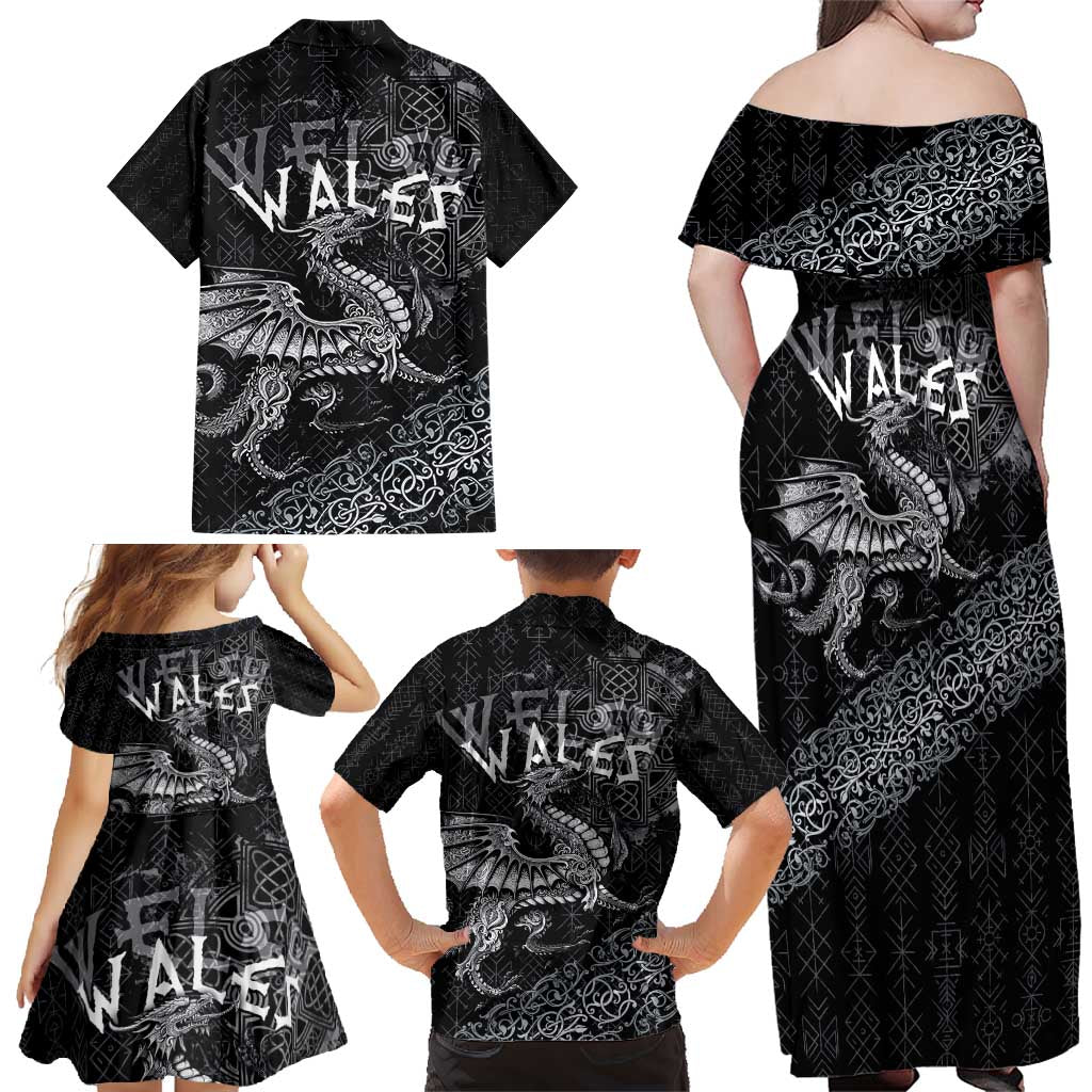 Welsh Celtic Culture Family Matching Off Shoulder Maxi Dress and Hawaiian Shirt Wales Y Ddraig Goch with Runes Symbols - Wonder Print Shop