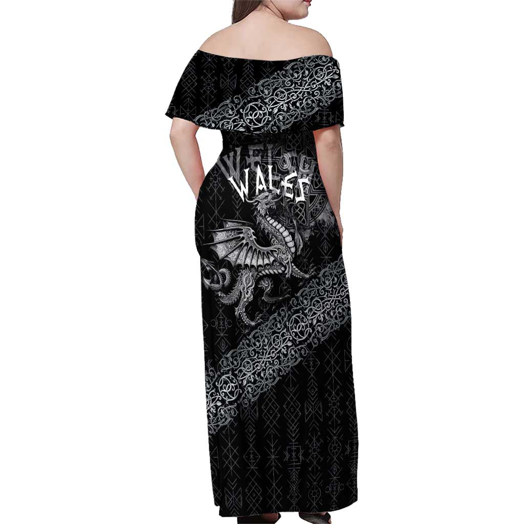 Welsh Celtic Culture Family Matching Off Shoulder Maxi Dress and Hawaiian Shirt Wales Y Ddraig Goch with Runes Symbols - Wonder Print Shop
