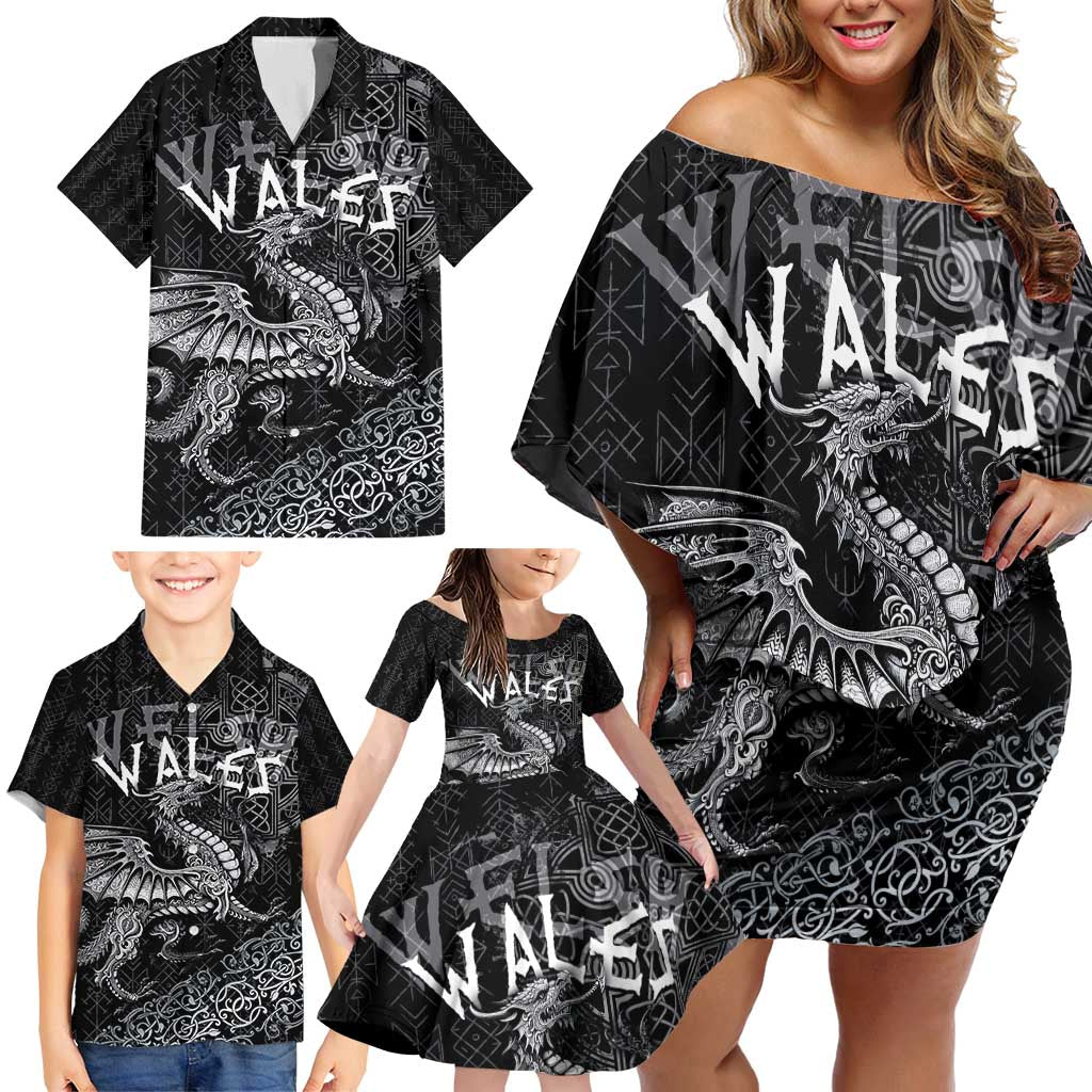Welsh Celtic Culture Family Matching Off Shoulder Short Dress and Hawaiian Shirt Wales Y Ddraig Goch with Runes Symbols - Wonder Print Shop