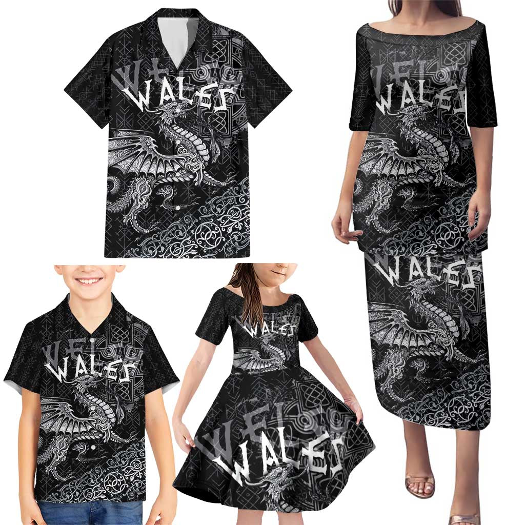 Welsh Celtic Culture Family Matching Puletasi and Hawaiian Shirt Wales Y Ddraig Goch with Runes Symbols - Wonder Print Shop