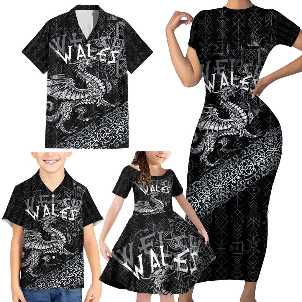 Welsh Celtic Culture Family Matching Short Sleeve Bodycon Dress and Hawaiian Shirt Wales Y Ddraig Goch with Runes Symbols - Wonder Print Shop