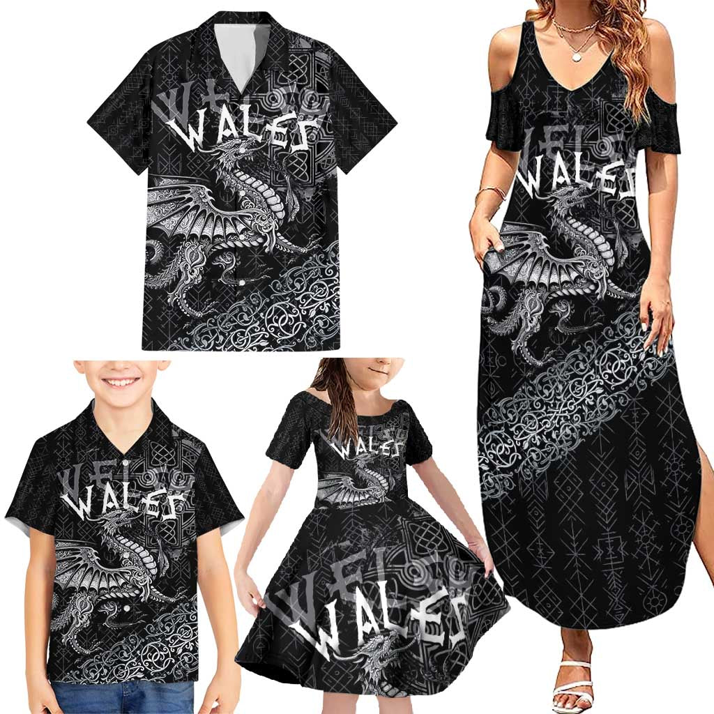 Welsh Celtic Culture Family Matching Summer Maxi Dress and Hawaiian Shirt Wales Y Ddraig Goch with Runes Symbols - Wonder Print Shop